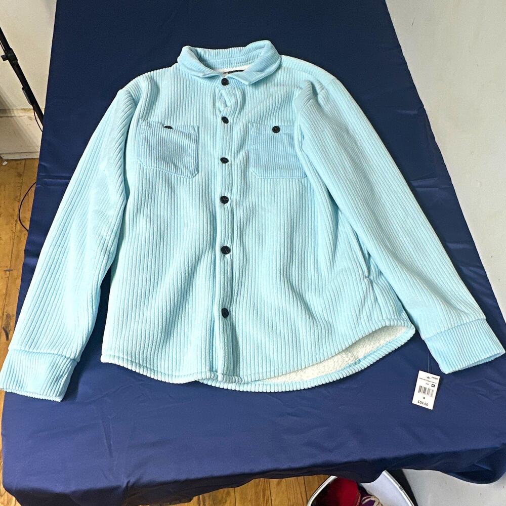 RF Brand Light Blue Sherpa Lined Shacket Jacket Button Pockets Women’s Size M